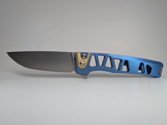 MachineWise Sonora Blue Skeleton Titanium (S90V | Brass Bolster) Button Lock Folding Knife #2104