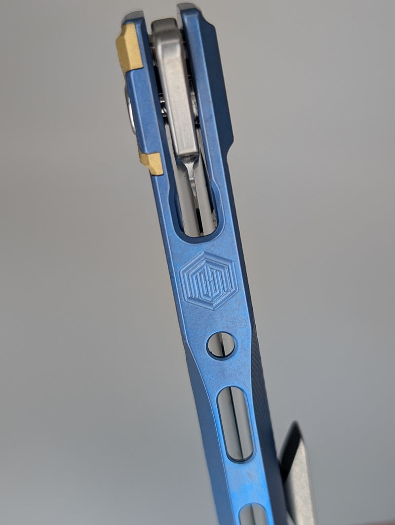 MachineWise Sonora Blue Skeleton Titanium (S90V | Brass Bolster) Button Lock Folding Knife #2104