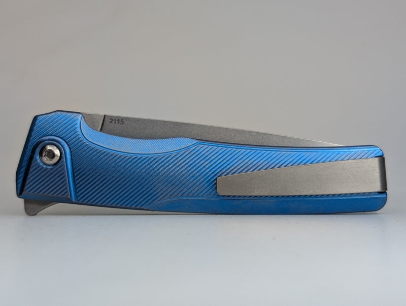 MachineWise Sonora Blue Titanium (S90V | Brass Bolster) Button Lock Folding Knife #2115