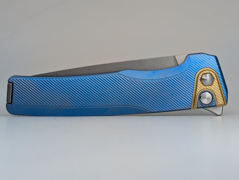 MachineWise Sonora Blue Titanium (S90V | Brass Bolster) Button Lock Folding Knife #2115
