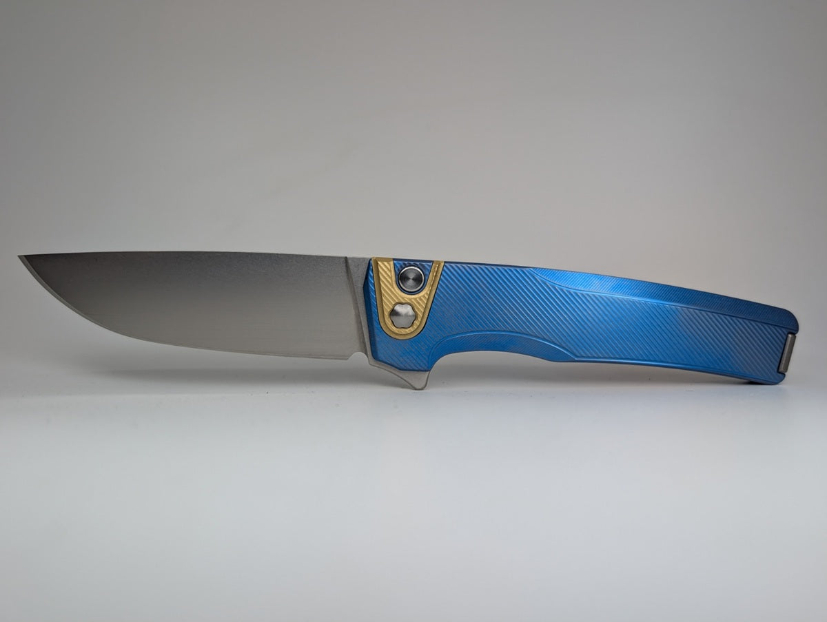 MachineWise Sonora Blue Titanium (S90V | Brass Bolster) Button Lock Folding Knife #2115