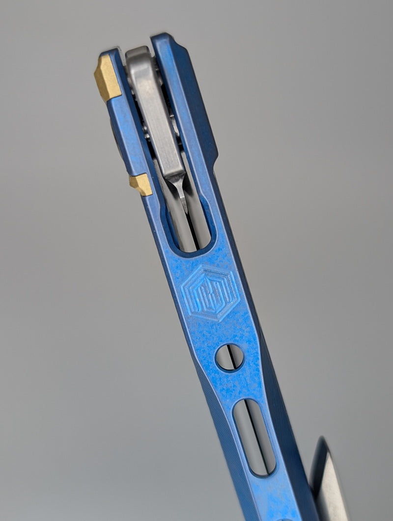 MachineWise Sonora Blue Titanium (S90V | Brass Bolster) Button Lock Folding Knife #2115