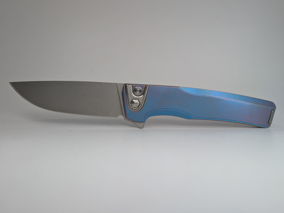 MachineWise Sonora Distressed Blurple (S90V | Ti Bolster | Smooth Handle) Button Lock Folding Knife #2013 *BLEM*