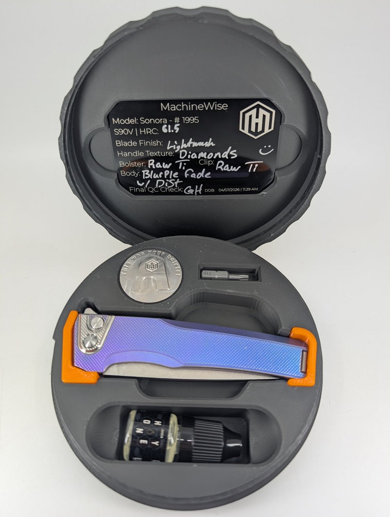 MachineWise Sonora Blurple Fade w/ Distress (S90V | Titanium Bolster) Button Lock Folding Knife #1995