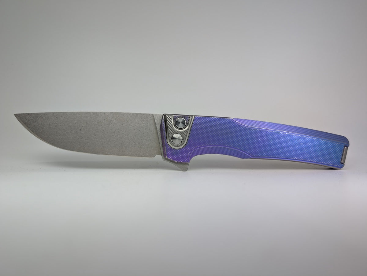 MachineWise Sonora Blurple Fade w/ Distress (S90V | Titanium Bolster) Button Lock Folding Knife #1995