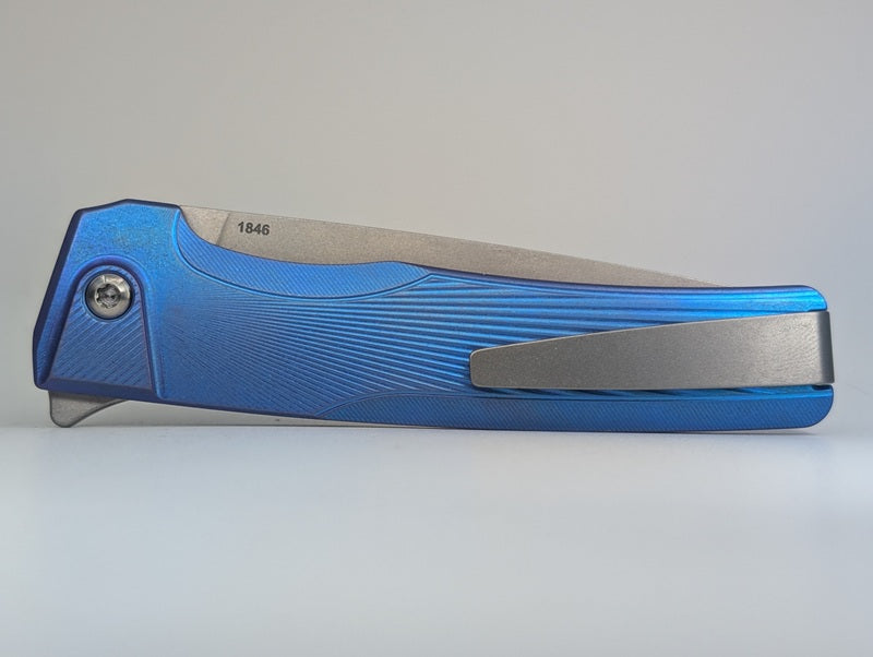 MachineWise Sonora Blurple Ti ( S90V | Brass Bolster | Sun Ray )Integral Buttonlock Folding Knife #1846 *BLEM*