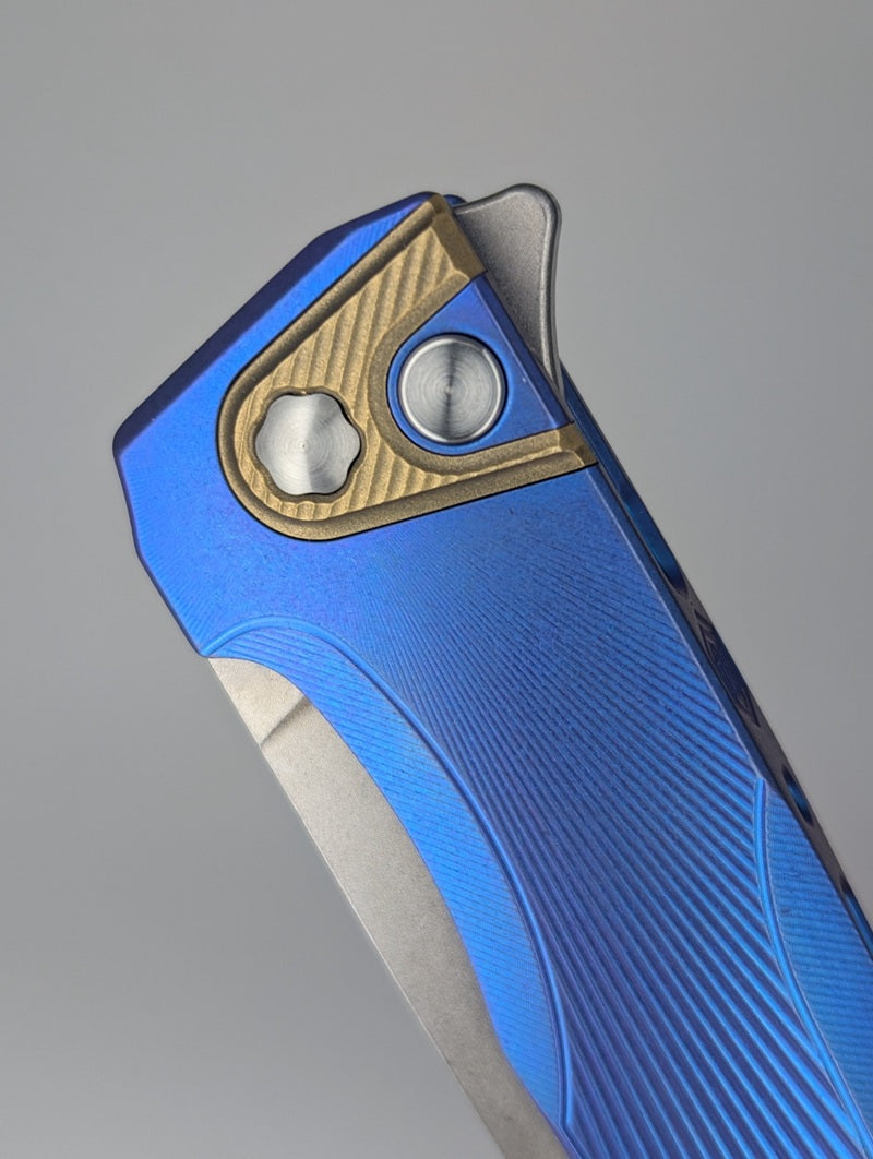 MachineWise Sonora Blurple Ti ( S90V | Brass Bolster | Sun Ray )Integral Buttonlock Folding Knife #1846 *BLEM*