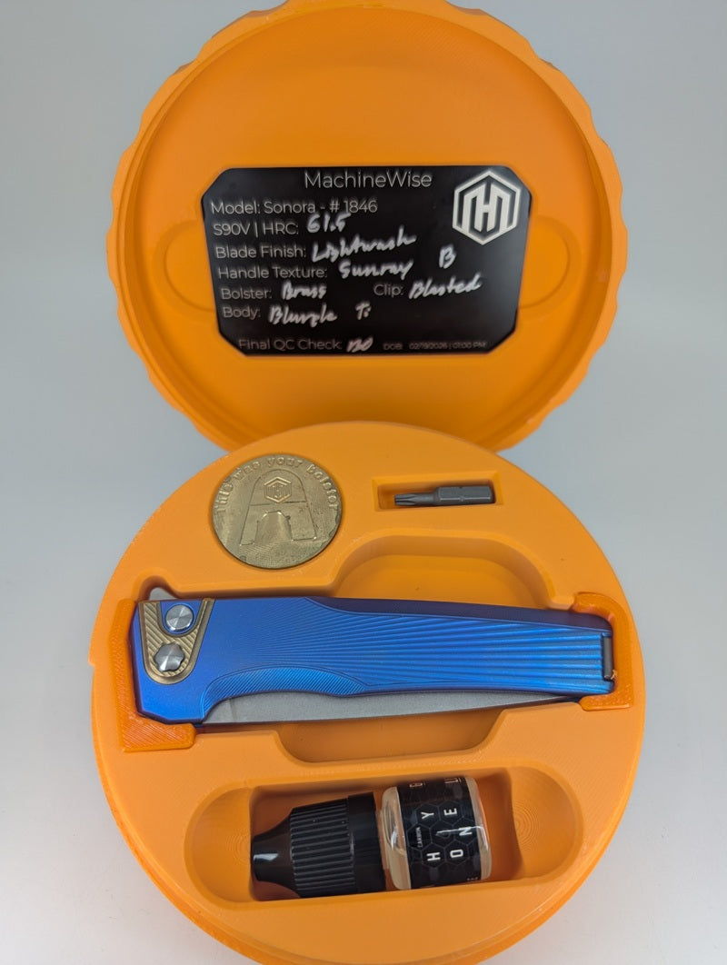 MachineWise Sonora Blurple Ti ( S90V | Brass Bolster | Sun Ray )Integral Buttonlock Folding Knife #1846 *BLEM*