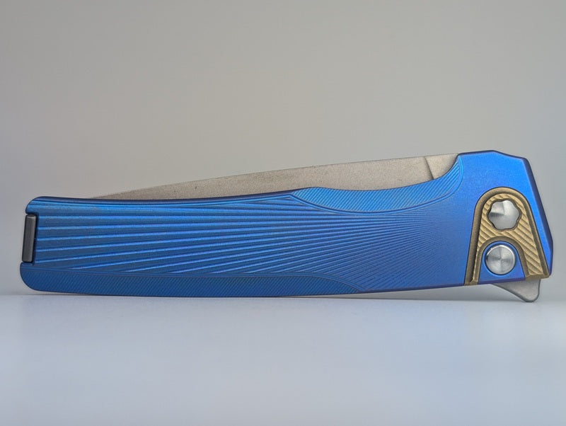 MachineWise Sonora Blurple Ti ( S90V | Brass Bolster | Sun Ray )Integral Buttonlock Folding Knife #1846 *BLEM*