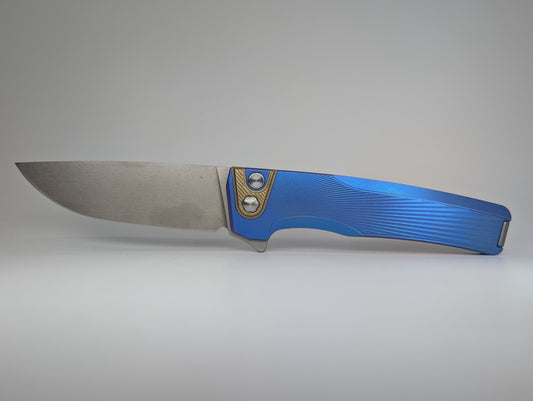 MachineWise Sonora Blurple Ti ( S90V | Brass Bolster | Sun Ray )Integral Buttonlock Folding Knife #1846 *BLEM*