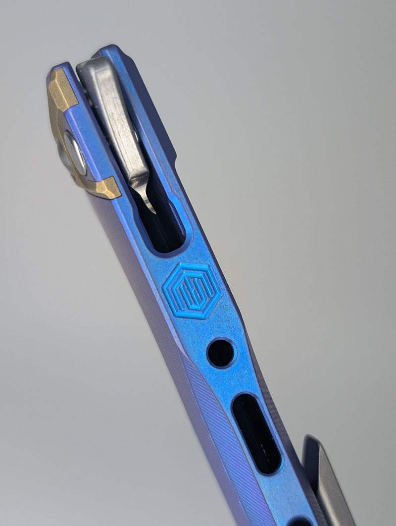 MachineWise Sonora Blurple Ti ( S90V | Brass Bolster | Sun Ray )Integral Buttonlock Folding Knife #1846 *BLEM*