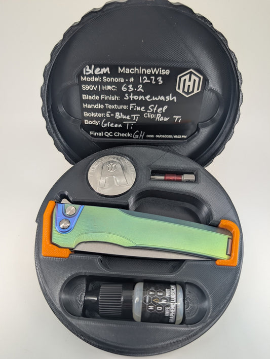 MachineWise Sonora E-Blue (S90V | Titanium Bolster | Diamond Handle) Buttonlock Folding Knife #1273 *Blem*