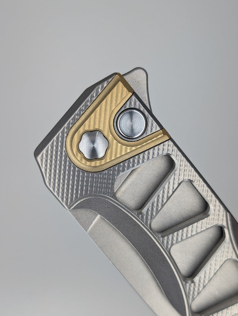 MachineWise Sonora Raw Ti ( S90V | Brass Bolster | Skeleton Experimental Integral Buttonlock Folding Knife #1807 *BLEM*