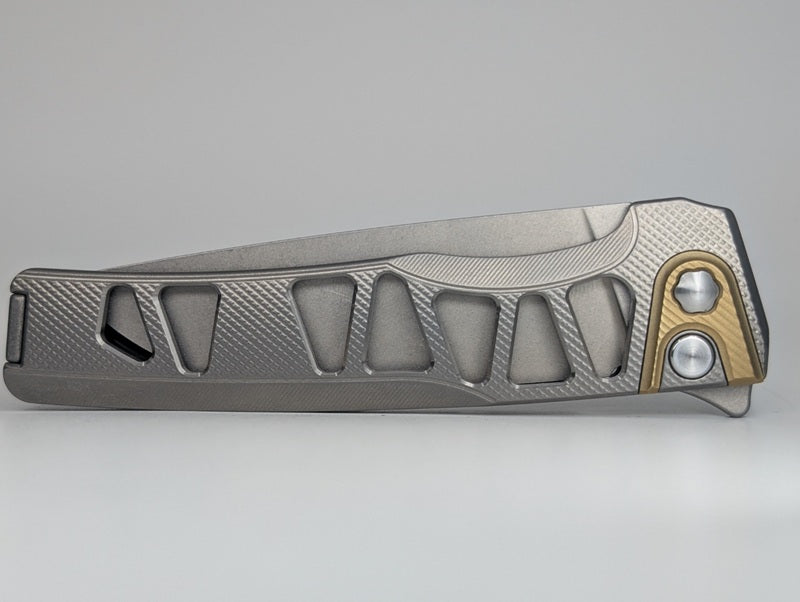 MachineWise Sonora Raw Ti ( S90V | Brass Bolster | Skeleton Experimental Integral Buttonlock Folding Knife #1807 *BLEM*