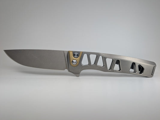 MachineWise Sonora Raw Ti ( S90V | Brass Bolster | Skeleton Experimental Integral Buttonlock Folding Knife #1807 *BLEM*