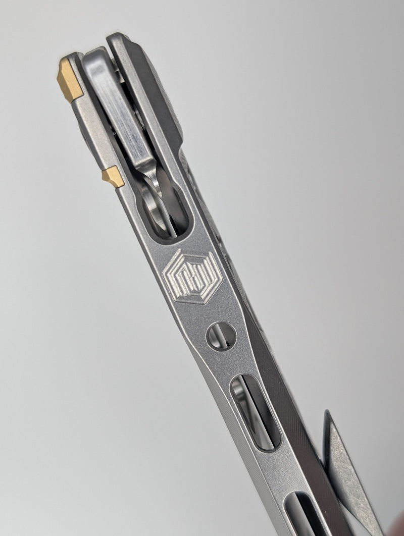 MachineWise Sonora Raw Ti ( S90V | Brass Bolster | Skeleton Experimental Integral Buttonlock Folding Knife #1807 *BLEM*
