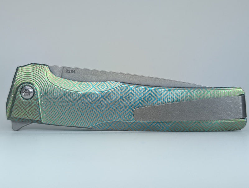 MachineWise Sonora Green Aztec (S90V | Brass Bolster | Epicenter Handle) Button Lock Folding Knife #2284 *BLEM*