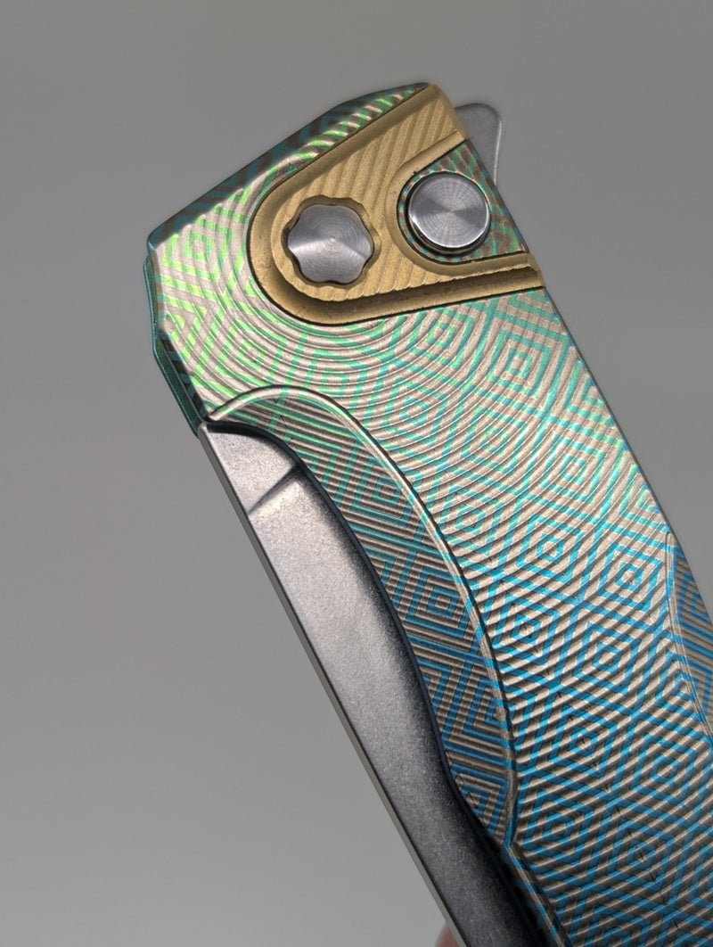 MachineWise Sonora Green Aztec (S90V | Brass Bolster | Epicenter Handle) Button Lock Folding Knife #2284 *BLEM*