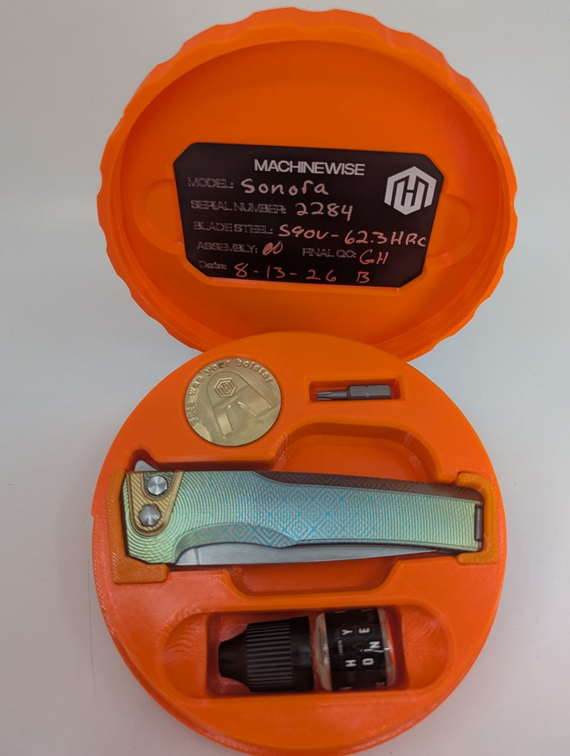 MachineWise Sonora Green Aztec (S90V | Brass Bolster | Epicenter Handle) Button Lock Folding Knife #2284 *BLEM*