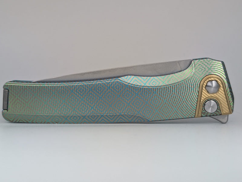 MachineWise Sonora Green Aztec (S90V | Brass Bolster | Epicenter Handle) Button Lock Folding Knife #2284 *BLEM*