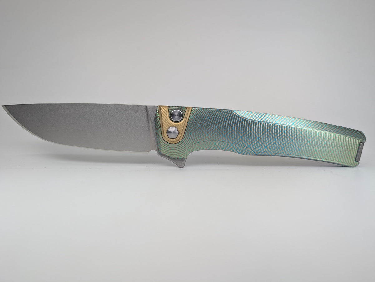 MachineWise Sonora Green Aztec (S90V | Brass Bolster | Epicenter Handle) Button Lock Folding Knife #2284 *BLEM*