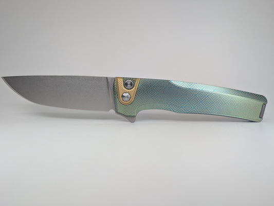 MachineWise Sonora Green Aztec (S90V | Brass Bolster | Epicenter Handle) Button Lock Folding Knife #2284 *BLEM*
