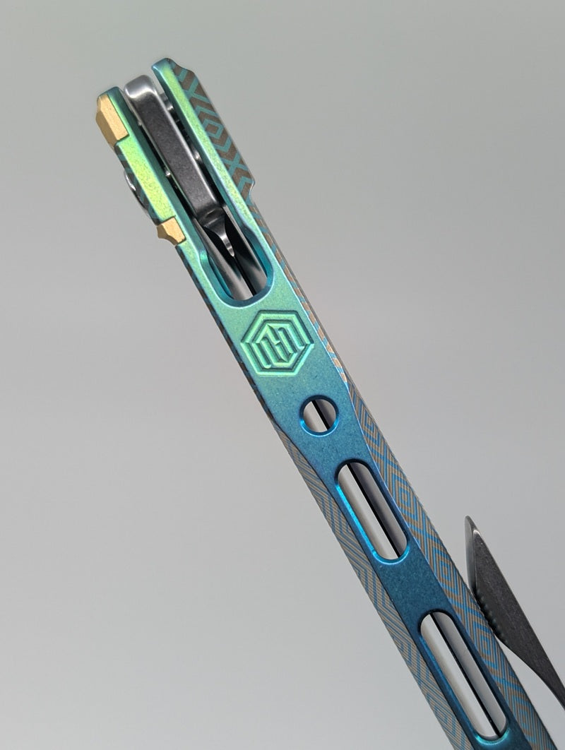 MachineWise Sonora Green Aztec (S90V | Brass Bolster | Epicenter Handle) Button Lock Folding Knife #2284 *BLEM*