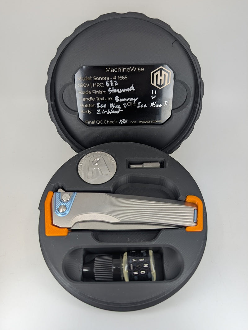 MachineWise Sonora Raw Ti (Ice Blue Ti Bolster | Sun Ray Handle) Buttonlock Folding Knife #1665