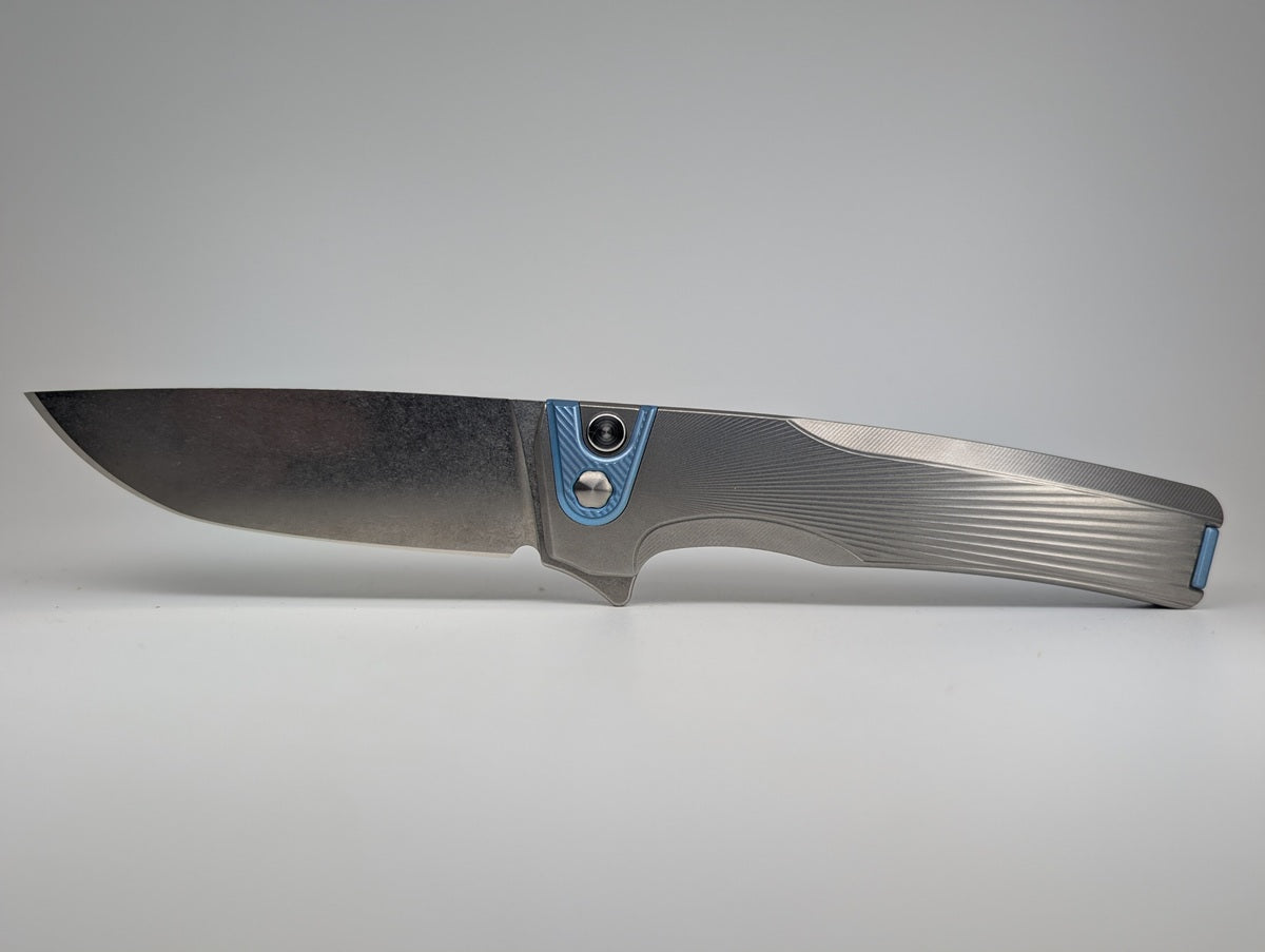 MachineWise Sonora Raw Ti (Ice Blue Ti Bolster | Sun Ray Handle) Buttonlock Folding Knife #1665