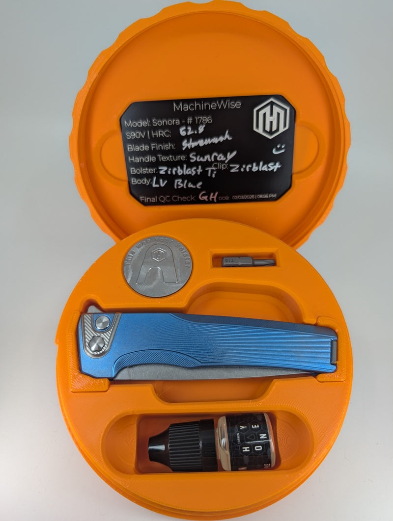 MachineWise Sonora LV Blue ( S90V | Ti Bolster | Sun Ray Handle ) Integral Buttonlock Folding Knife #1786