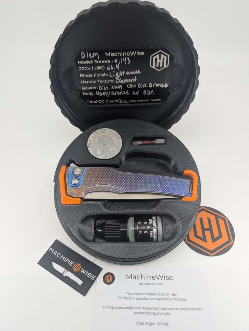 MachineWise Sonora Navy Bronze Distressed (CPM 20CV | Dist. Bronze Ti Bolster | Diamond Handle) Buttonlock Folding Knife 1143 *BLEM*