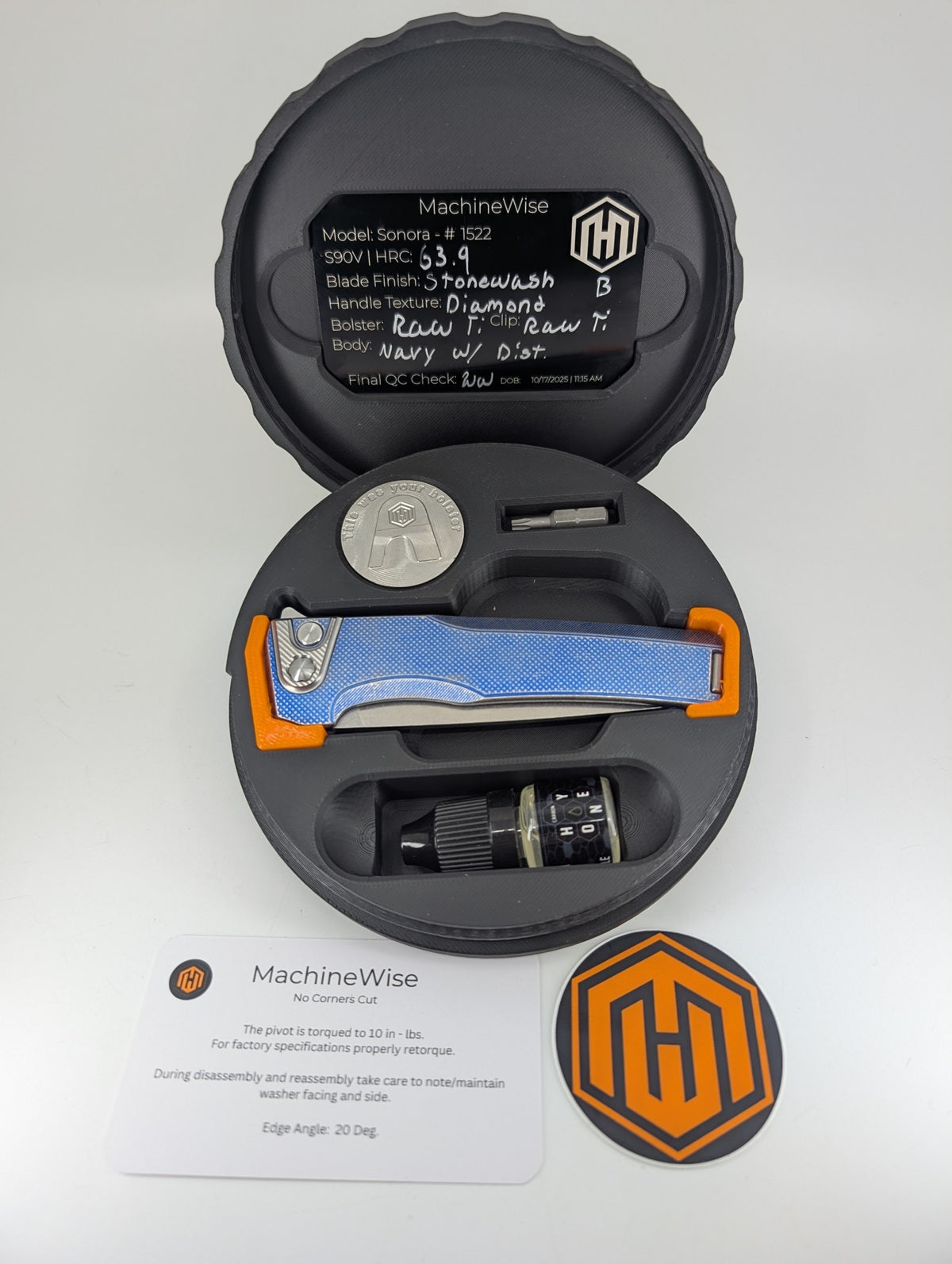 MachineWise Sonora Navy w/ Distress (Ti Bolster | Diamonds Handle) Buttonlock Folding Knife #1522 *BLEM*
