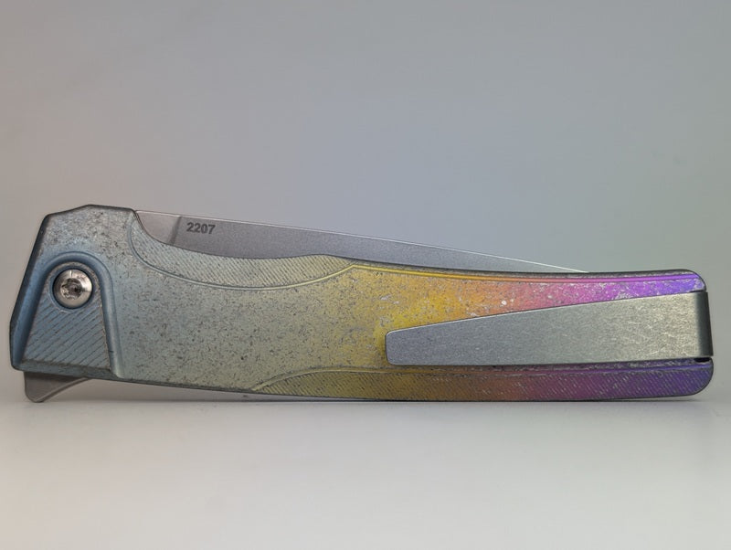 MachineWise Sonora Rainbow Heavy Distress (S90V | Brass Bolster | Smooth Handle) Buttonlock Folding Knife #2207 *BLEM*