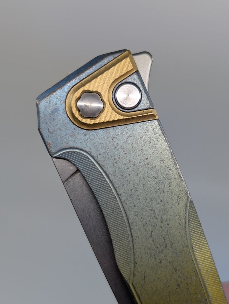 MachineWise Sonora Rainbow Heavy Distress (S90V | Brass Bolster | Smooth Handle) Buttonlock Folding Knife #2207 *BLEM*