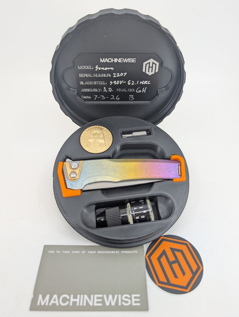 MachineWise Sonora Rainbow Heavy Distress (S90V | Brass Bolster | Smooth Handle) Buttonlock Folding Knife #2207 *BLEM*