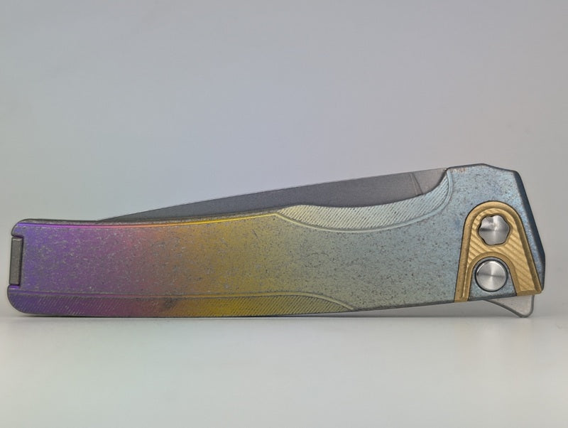 MachineWise Sonora Rainbow Heavy Distress (S90V | Brass Bolster | Smooth Handle) Buttonlock Folding Knife #2207 *BLEM*