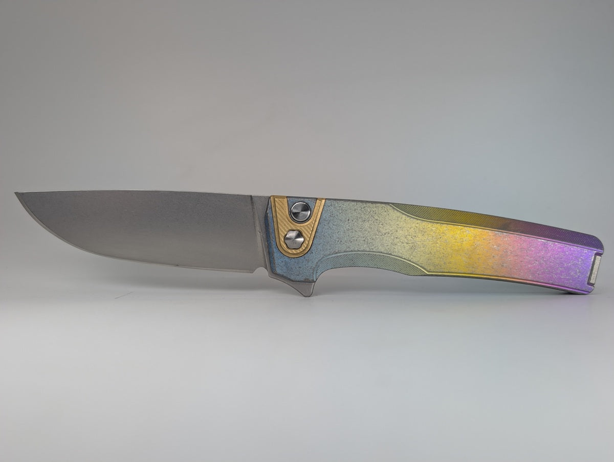 MachineWise Sonora Rainbow Heavy Distress (S90V | Brass Bolster | Smooth Handle) Buttonlock Folding Knife #2207 *BLEM*