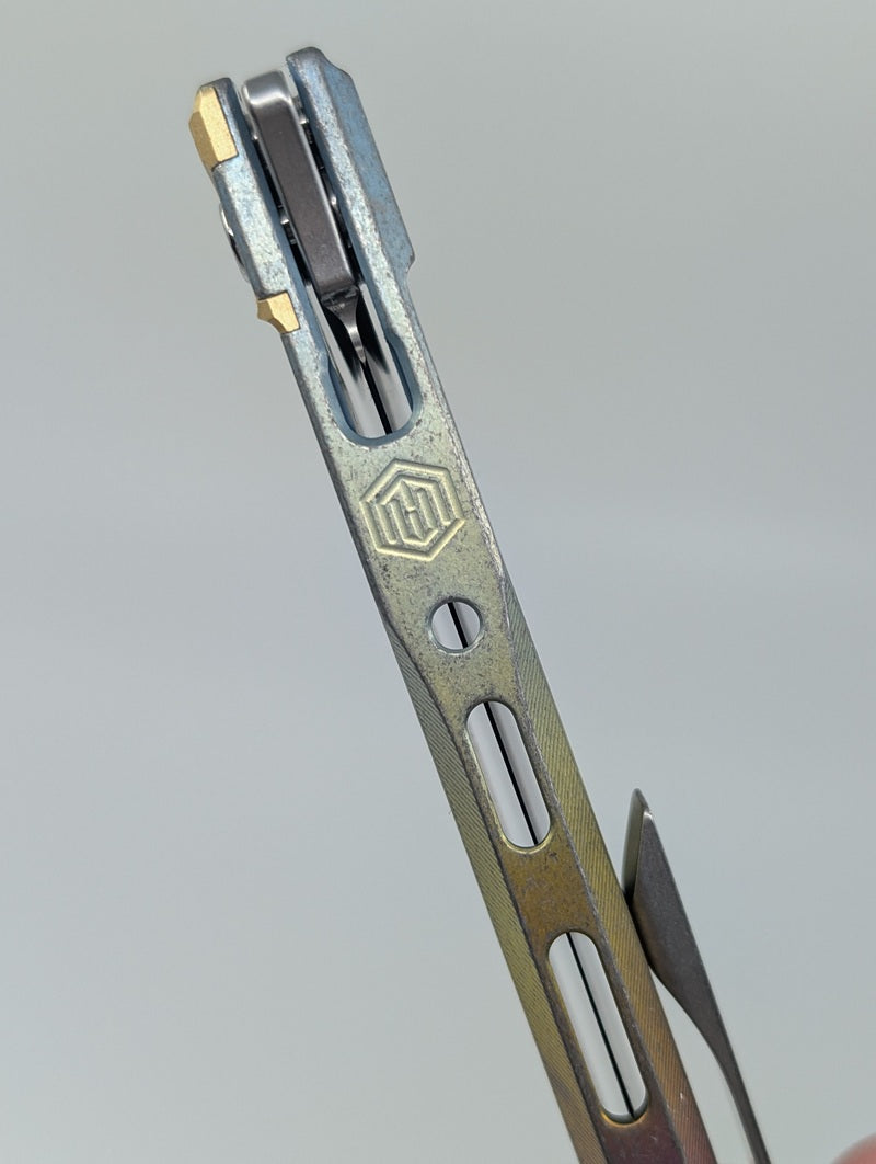 MachineWise Sonora Rainbow Heavy Distress (S90V | Brass Bolster | Smooth Handle) Buttonlock Folding Knife #2207 *BLEM*