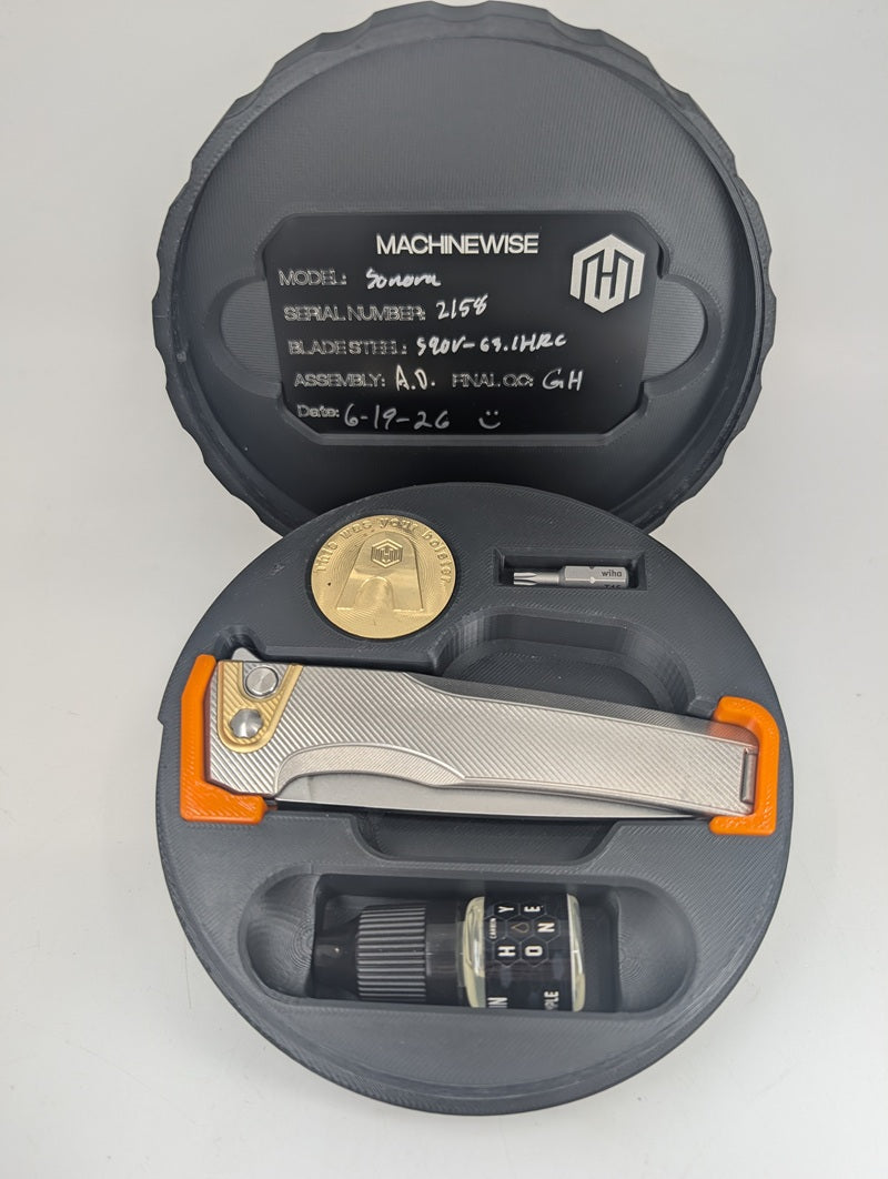 MachineWise Sonora Raw (S90V | Brass Bolster | Fine Step Handle Button Lock Folding Knife #2158