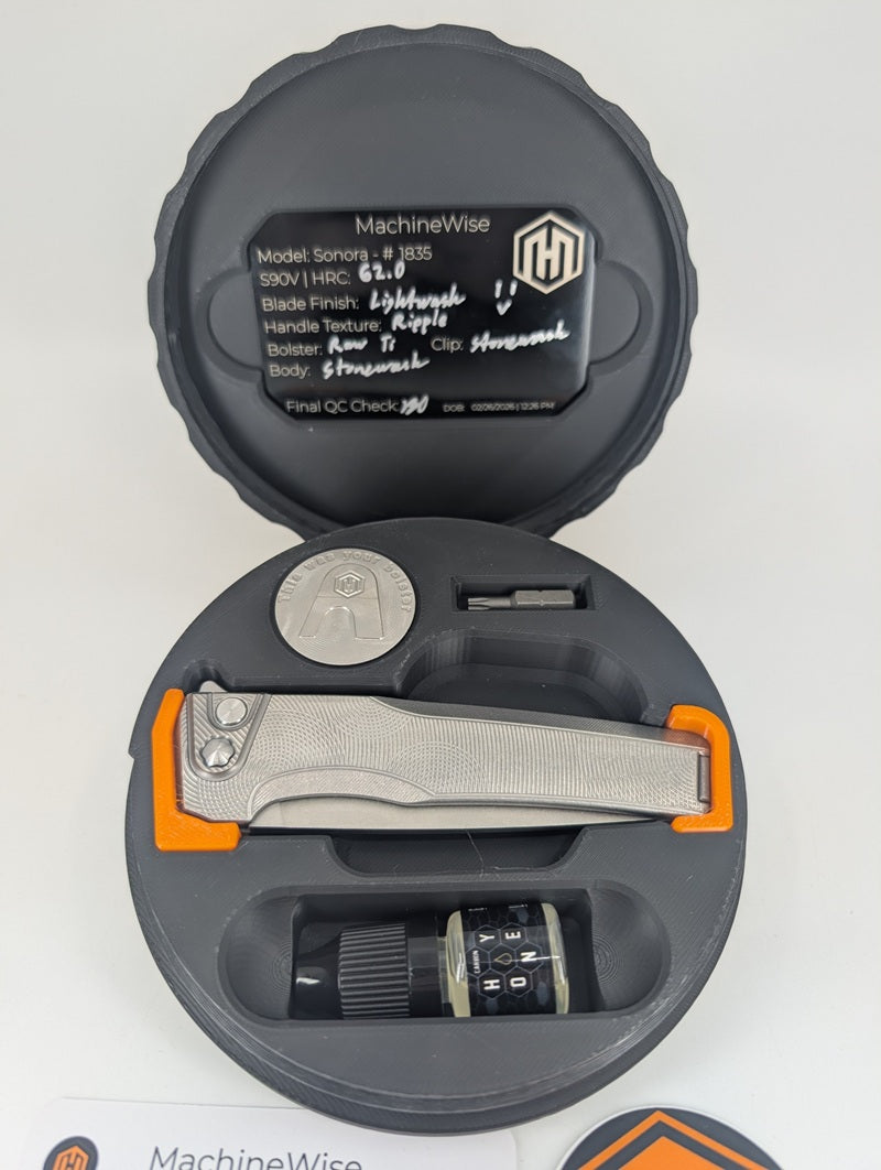MachineWise Sonora Raw Ti ( S90V | Ti Bolster | Ripple )Integral Buttonlock Folding Knife #1835