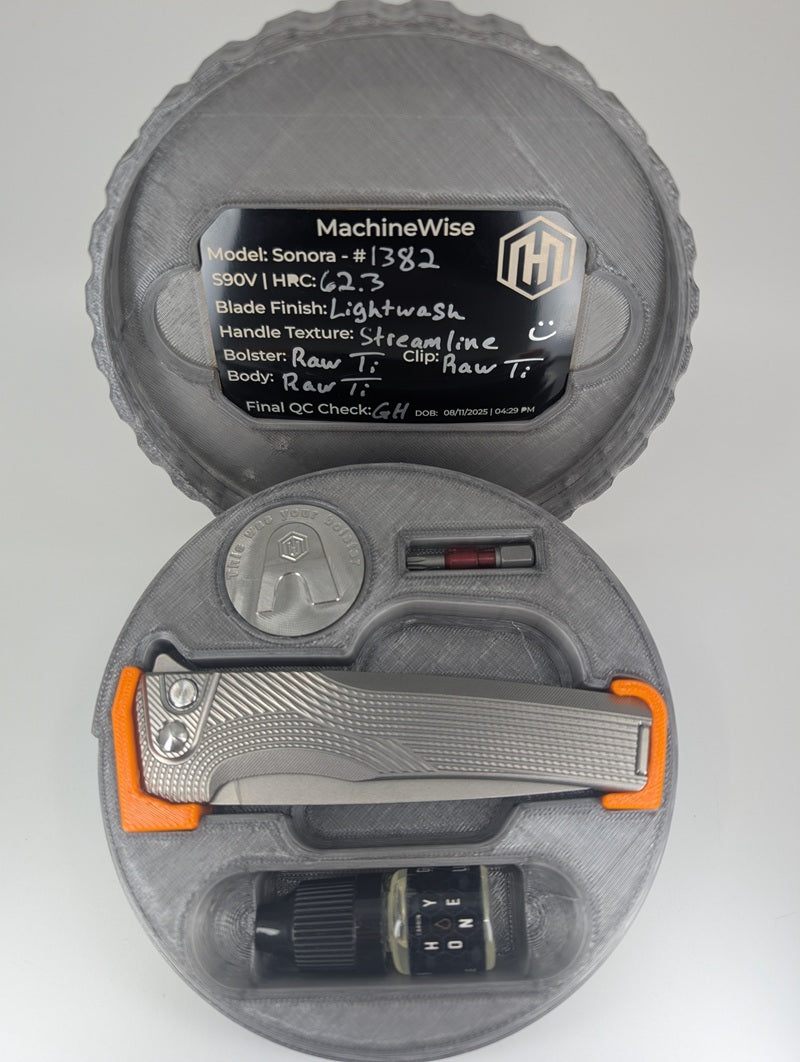 MachineWise Sonora Raw Ti (S90V | Titanium Bolster | Streamliner Handle) Buttonlock Folding Knife #1382