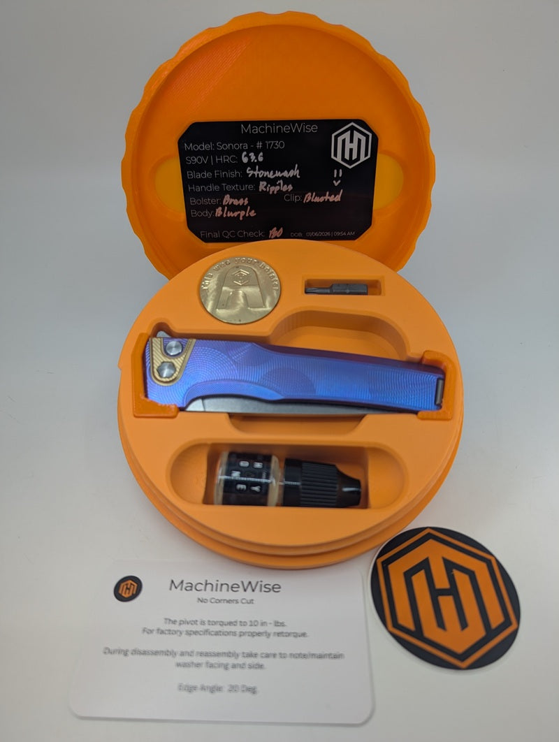 MachineWise Sonora Ripples Blurple (S90V | Brass Bolster) Buttonlock Folding Knife #1730