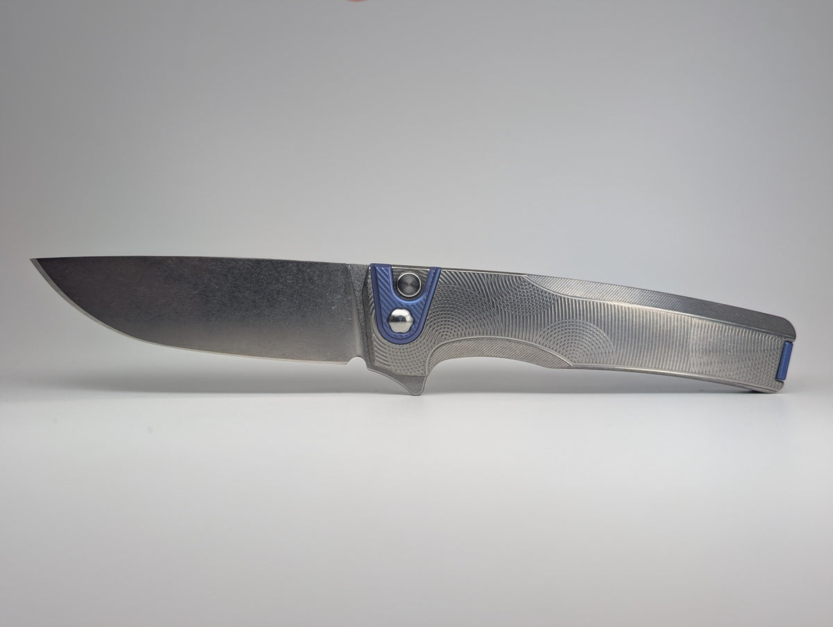 MachineWise Sonora Ripples Raw (S90V | Blurple Ti Bolster) Buttonlock Folding Knife #1721