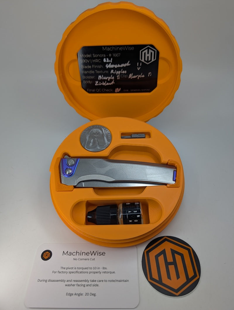 MachineWise Sonora Raw Ti (Blurple Ti Bolster | Ripples Handle) Buttonlock Folding Knife #1667