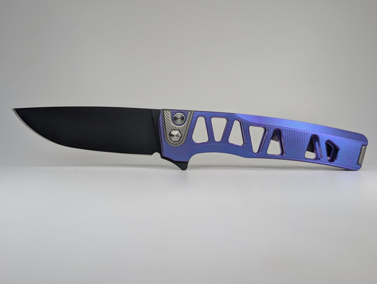 MachineWise Sonora Blurple Ti  ( S90V | Raw Ti Bolster | Ripples-Skeleton |Matte DLC Blade) Integral Buttonlock Folding Knife #1921