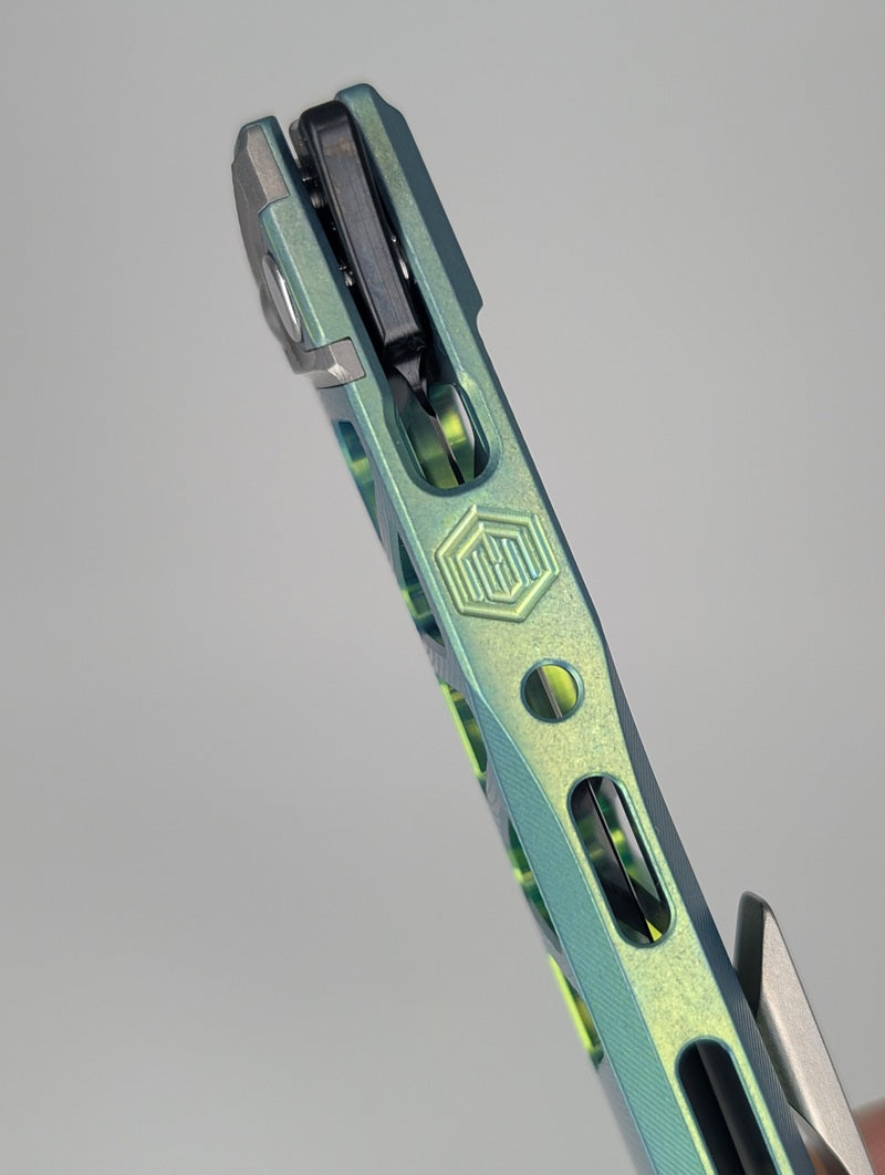 MachineWise Sonora Green Ti  ( S90V | Raw Ti Bolster | Ripples-Skeleton |DLC Blade) Integral Buttonlock Folding Knife #1926