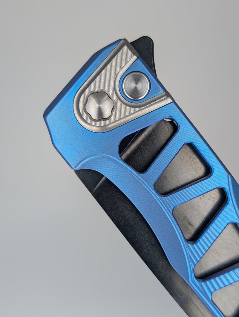 MachineWise Sonora E-Blue Ti  ( S90V | Raw Ti Bolster | Sunray-Skeleton |DLC Blade) Integral Buttonlock Folding Knife #1920