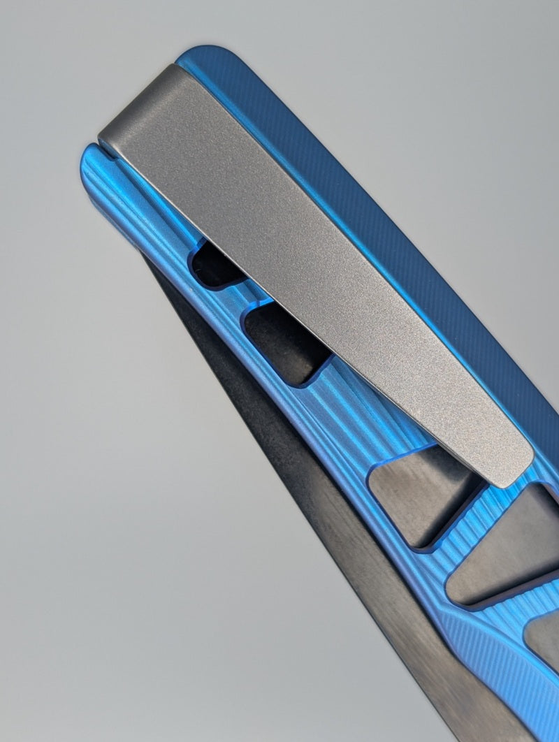 MachineWise Sonora E-Blue Ti  ( S90V | Raw Ti Bolster | Sunray-Skeleton |DLC Blade) Integral Buttonlock Folding Knife #1920