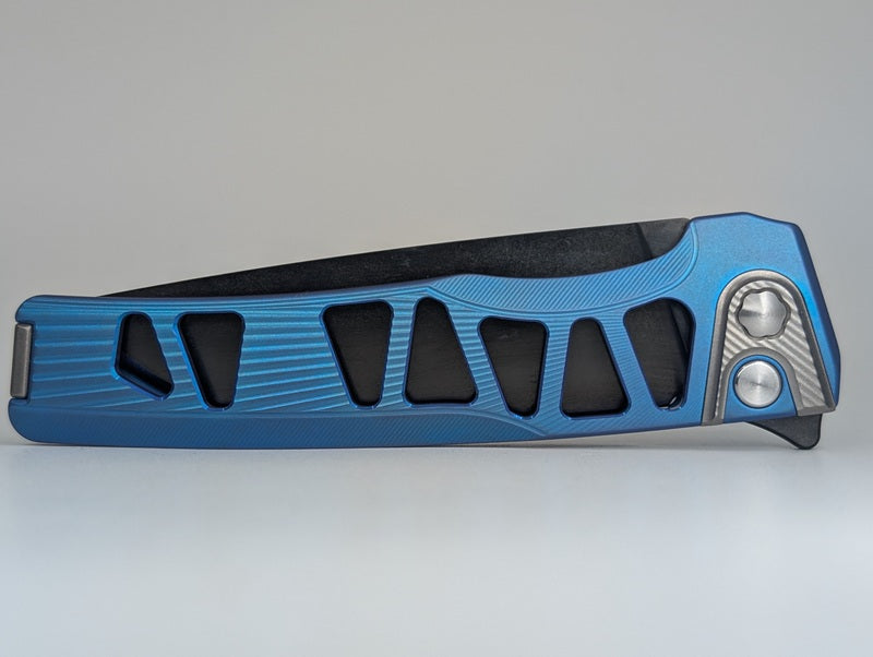 MachineWise Sonora E-Blue Ti  ( S90V | Raw Ti Bolster | Sunray-Skeleton |DLC Blade) Integral Buttonlock Folding Knife #1920
