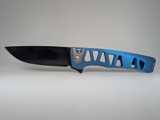 MachineWise Sonora E-Blue Ti  ( S90V | Raw Ti Bolster | Sunray-Skeleton |DLC Blade) Integral Buttonlock Folding Knife #1920